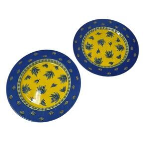 Ceramica Quadrifoglio Pair of Rimmed Salad Plates Cornflower Blue Yellow Italy